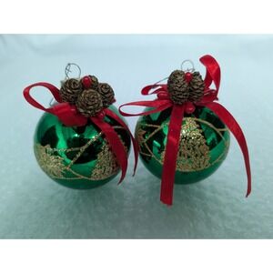 2 VTG Christmas Ornaments Green Glitter Pinecone Bulbs 3" Oval Red Bow w/Hooks